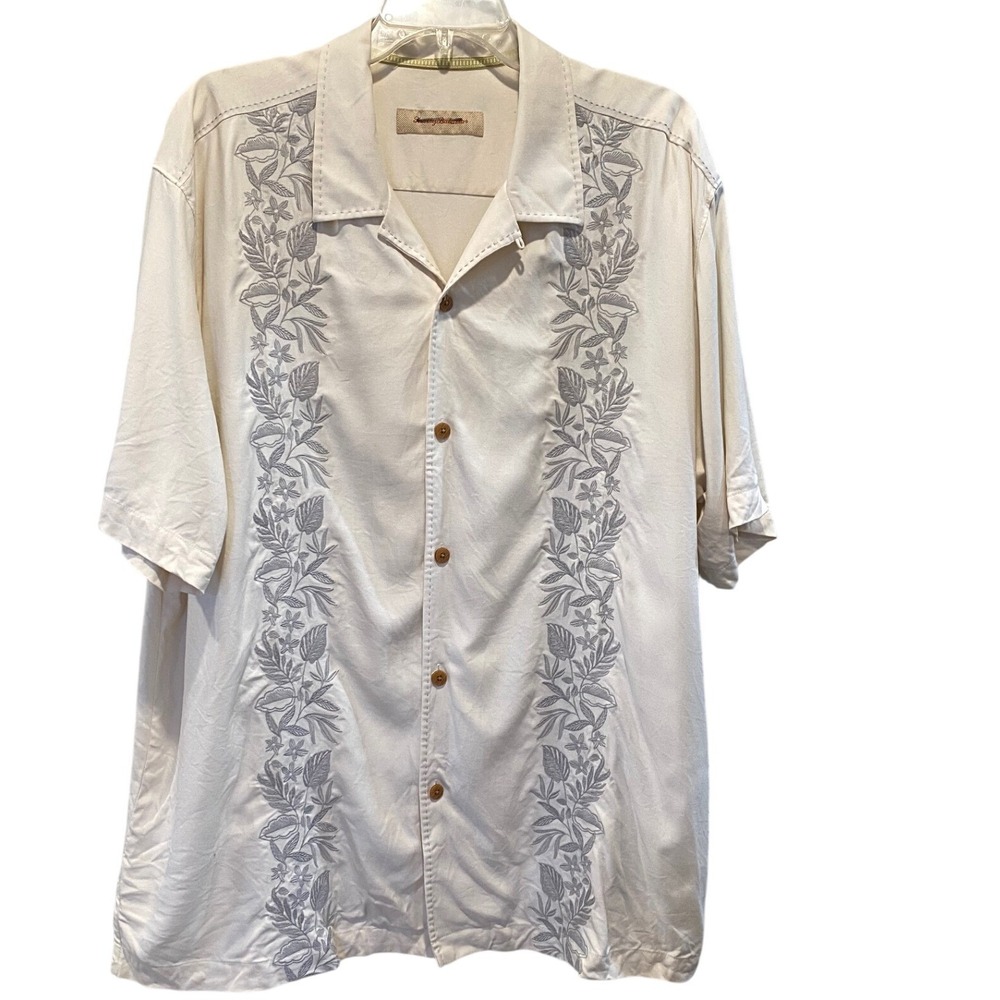 Tommy Bahama Mens XL Silk Embroidered Camp Shirt Cream Tropical Floral‎